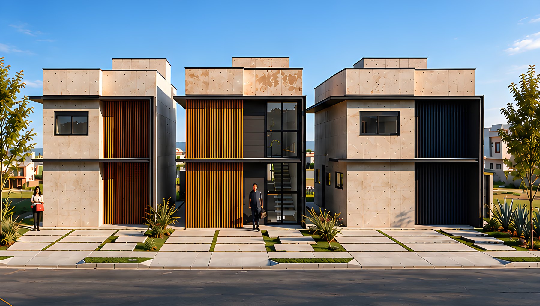 Sobrados contemporâneos com fachada em concreto e madeira