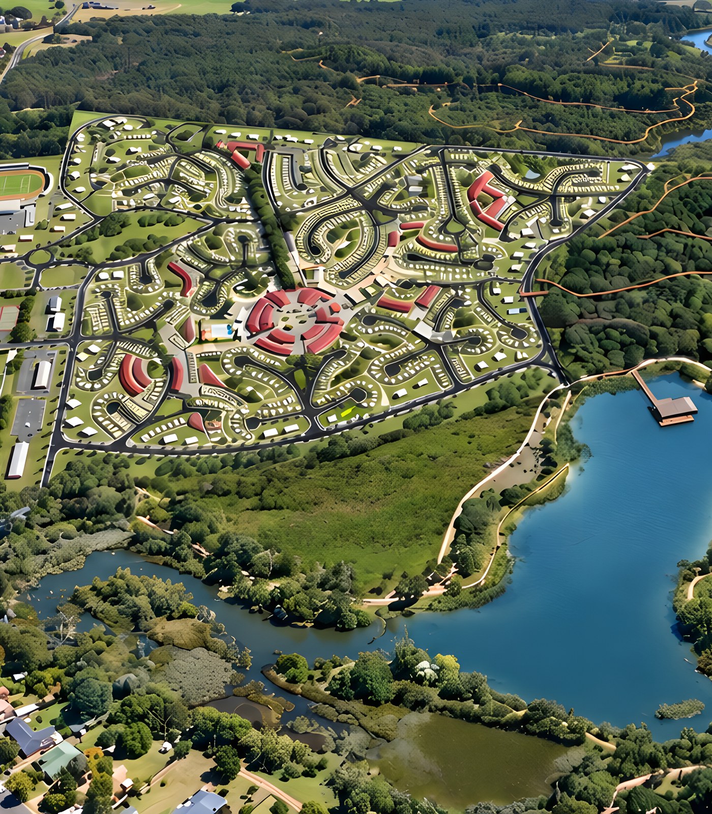 Vista aérea de plano urbano com loteamento, mata e lago