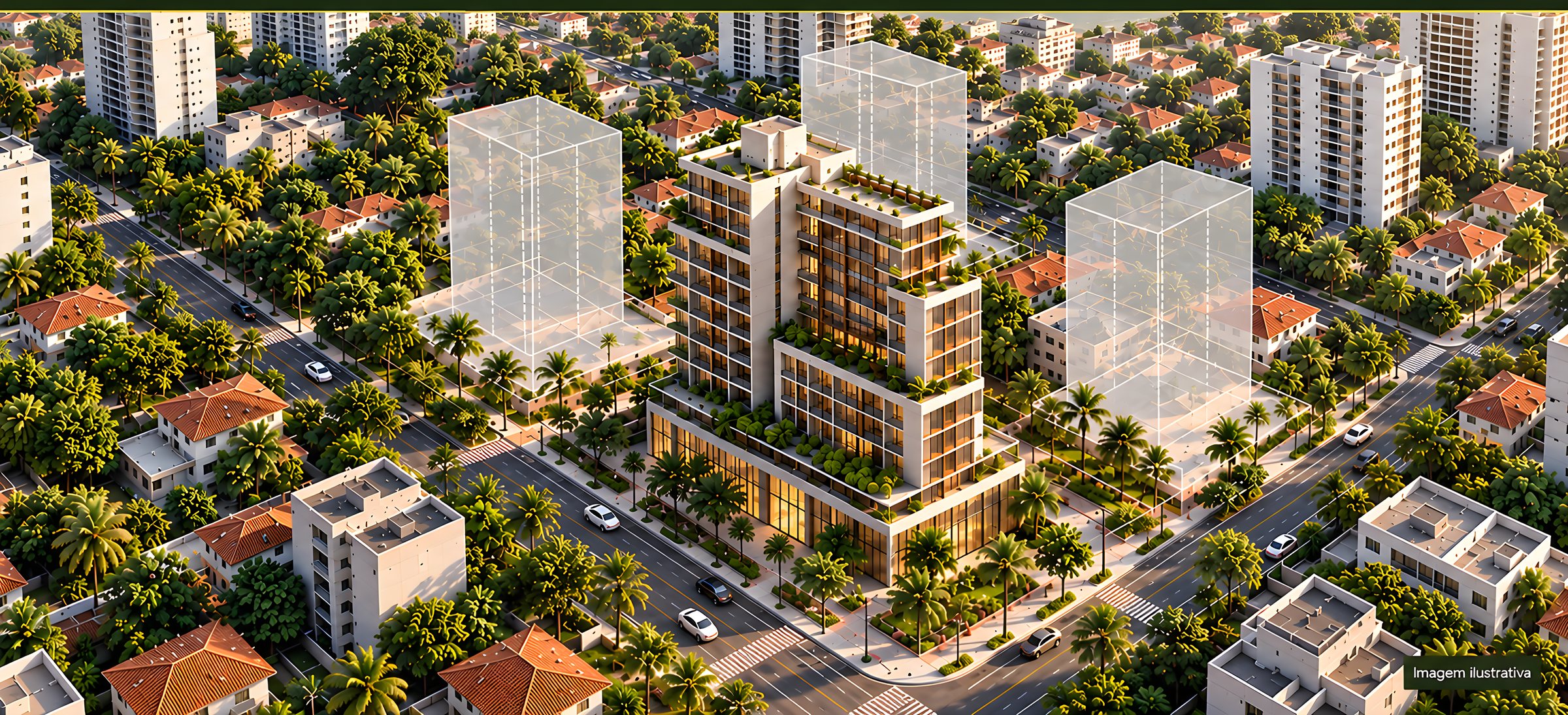 Estudo de massa com volumes de envelope construtivo sobre quadra urbana (imagem ilustrativa)